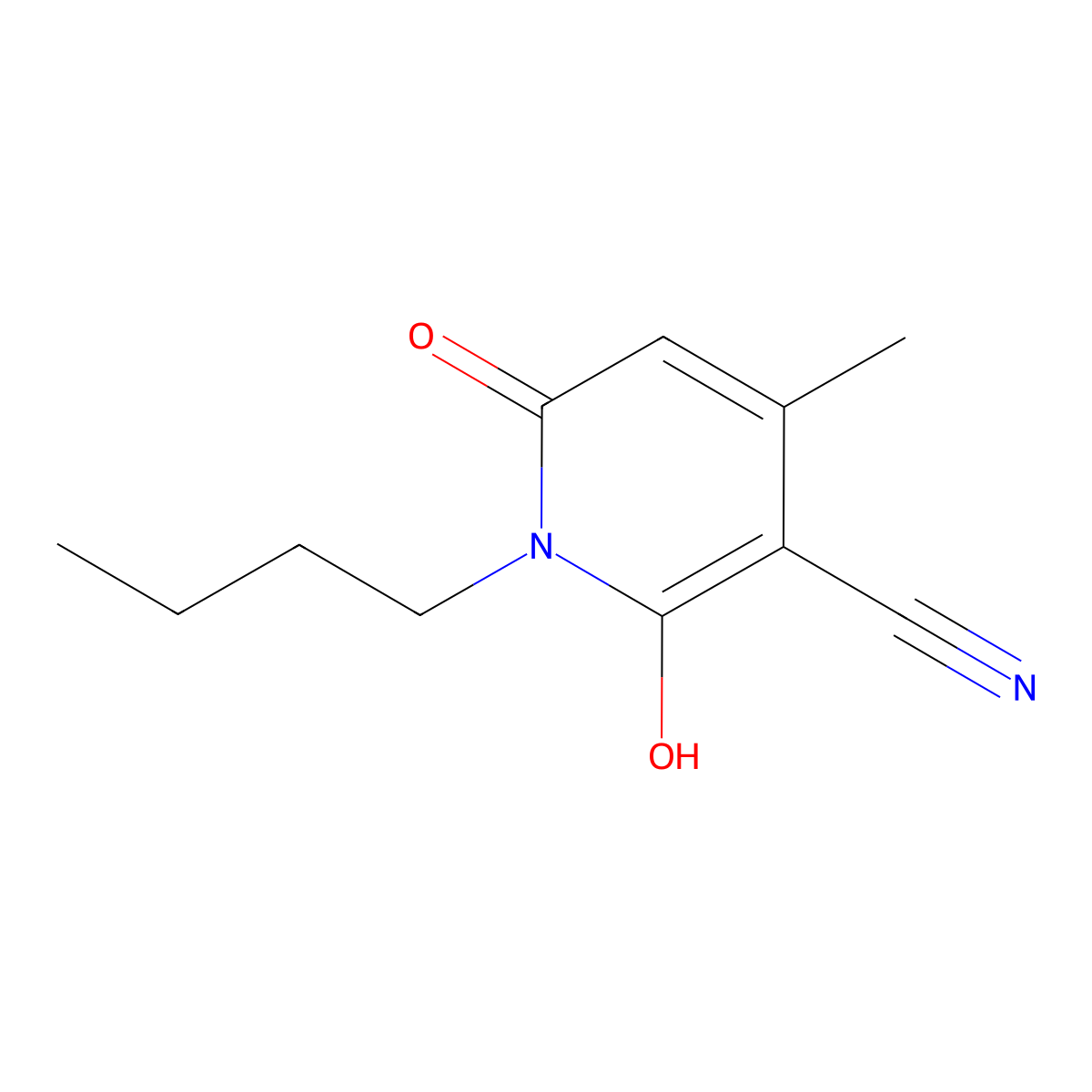 3-Pyridinecarbonitrile, 1-butyl-1,2-dihydro-6-hydroxy-4-methyl-2-oxo- molecular structure, CAS 39108-47-9