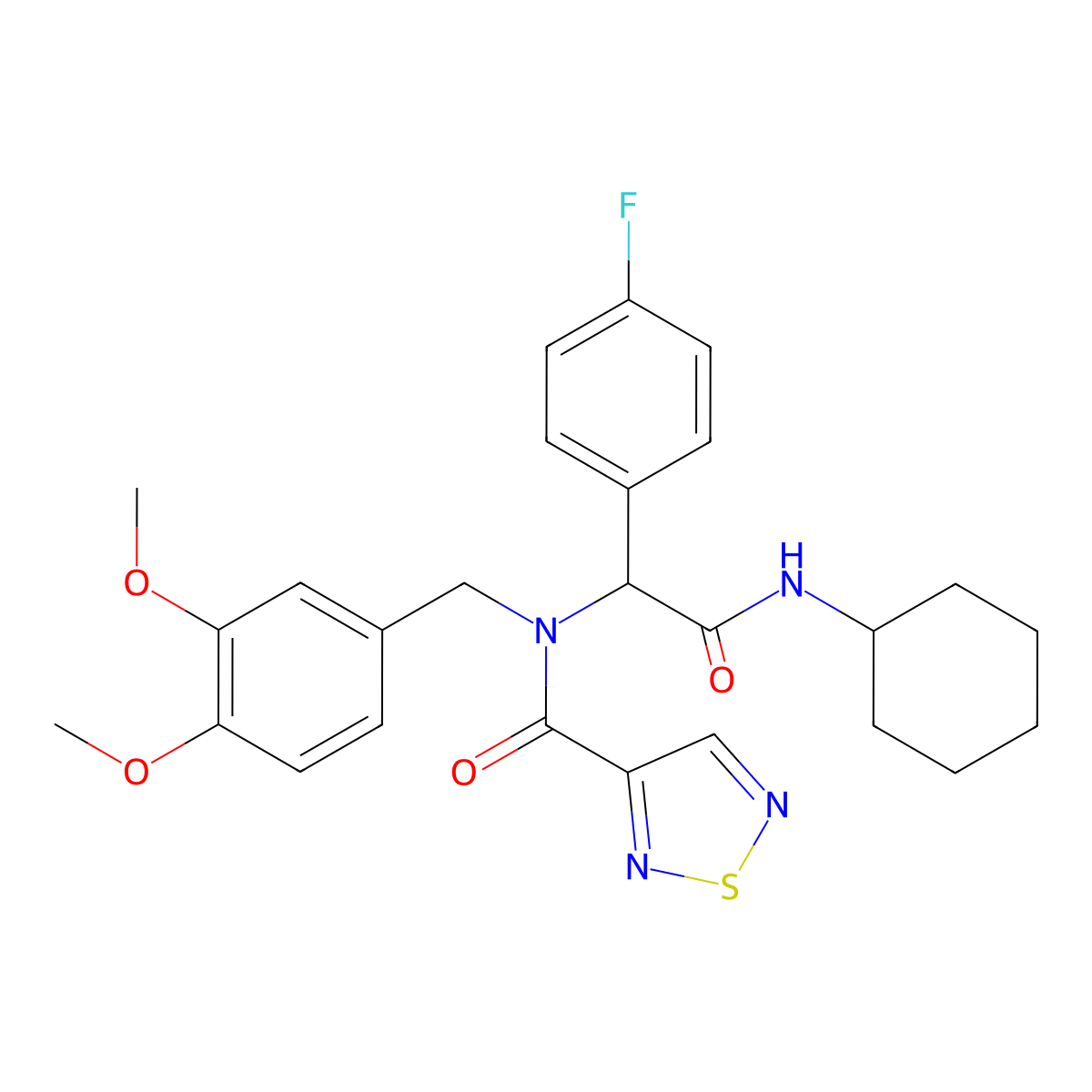 N-[2-(cyclohexylamino)-1-(4-fluorophenyl)-2-oxoethyl]-N-[(3,4-dimethoxyphenyl)methyl]-1,2,5-thiadiazole-3-carboxamide molecular structure, CAS 3912-05-8