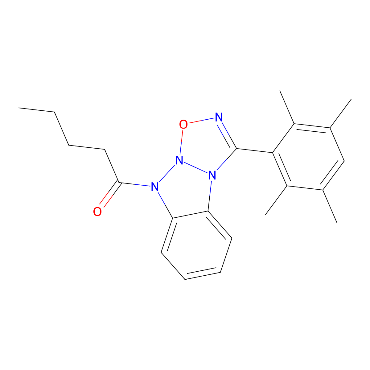 1-(3-(2,3,5,6-tetramethylphenyl)-9H-benzo[4,5][1,2,3]triazolo[2,1-b][1,2,3,5]oxatriazol-9-yl)pentan-1-one molecular structure, CAS 391218-36-3