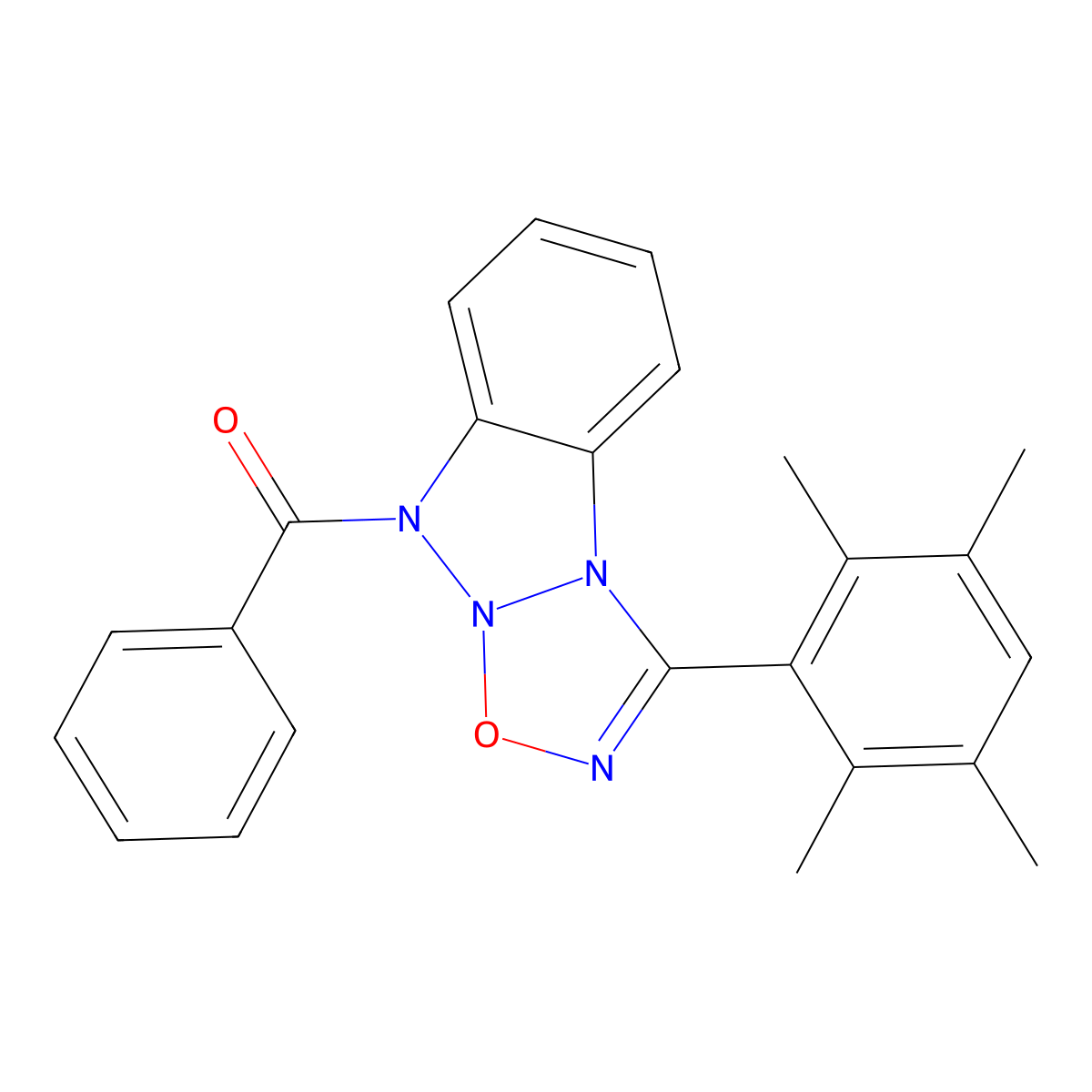 phenyl(3-(2,3,5,6-tetramethylphenyl)-9H-benzo[4,5][1,2,3]triazolo[2,1-b][1,2,3,5]oxatriazol-9-yl)methanone molecular structure, CAS 391218-37-4