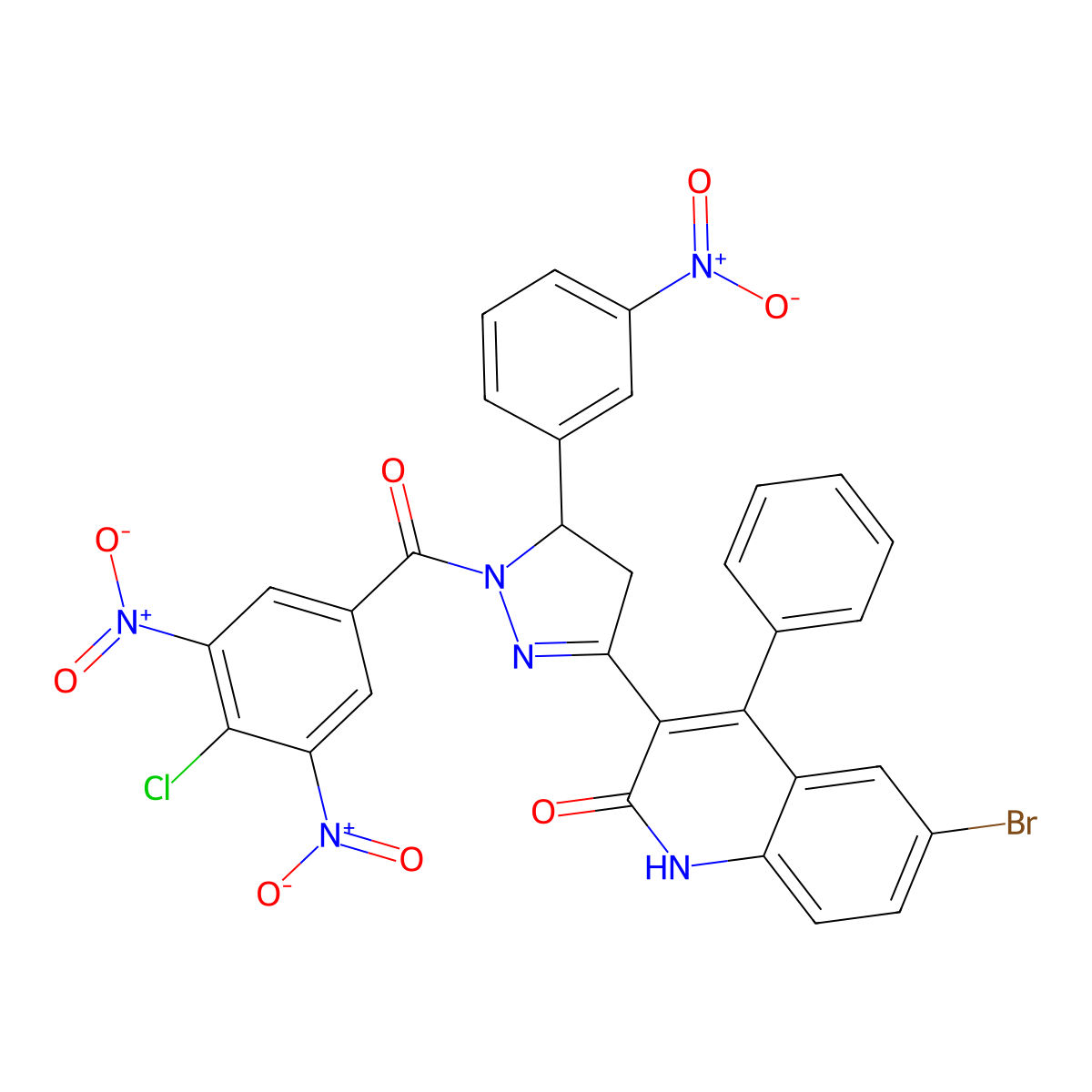 6-bromo-3-(1-(4-chloro-3,5-dinitrobenzoyl)-5-(3-nitrophenyl)-4,5-dihydro-1H-pyrazol-3-yl)-4-phenylquinolin-2(1H)-one molecular structure, CAS 391218-57-8