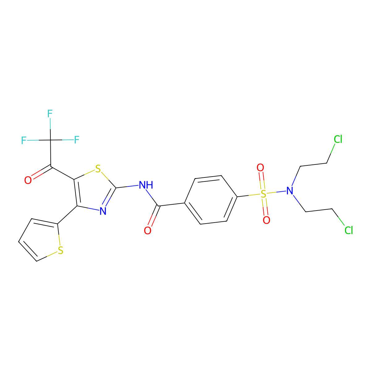 4-(N,N-bis(2-chloroethyl)sulfamoyl)-N-(4-(thiophen-2-yl)-5-(2,2,2-trifluoroacetyl)thiazol-2-yl)benzamide molecular structure, CAS 391220-46-5