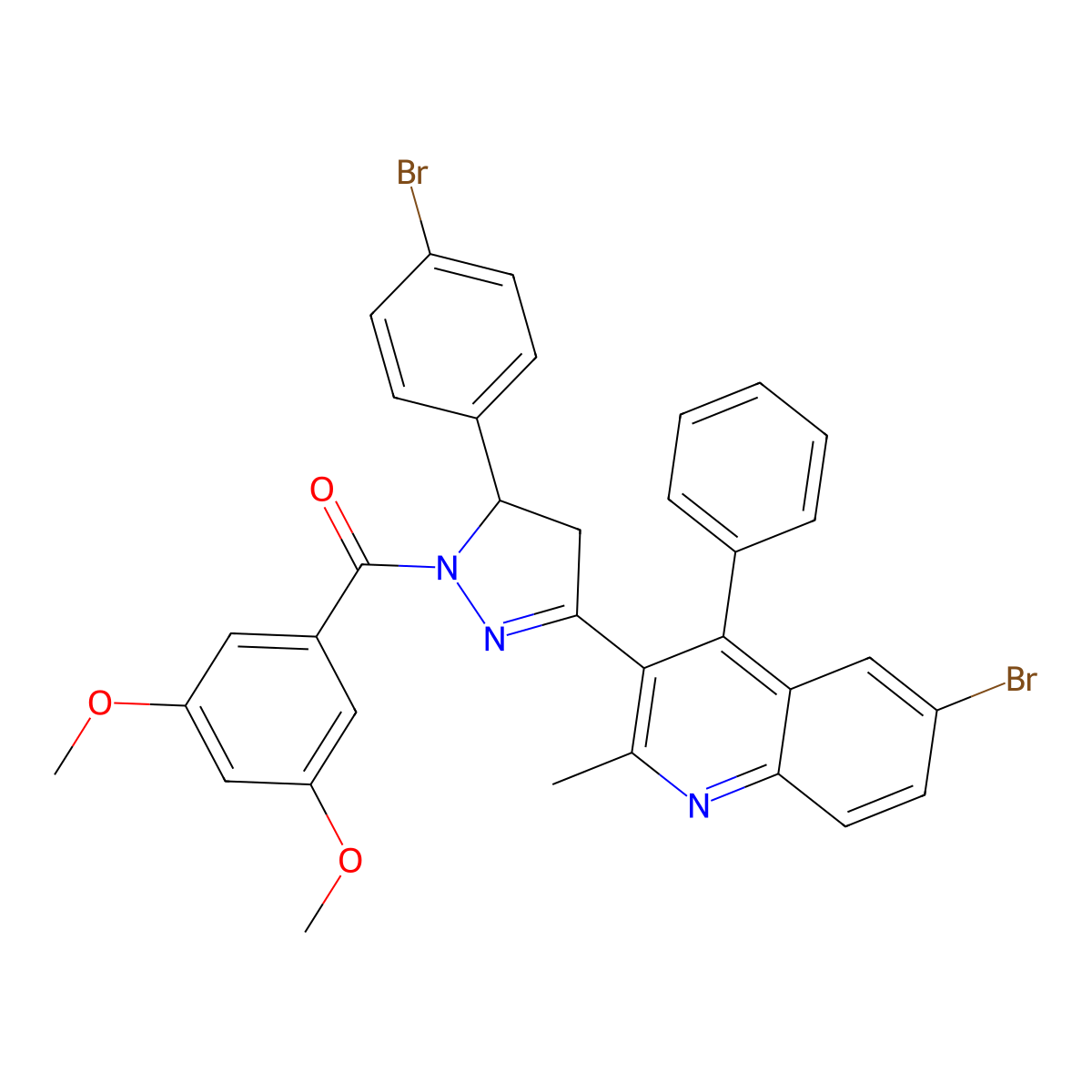 [5-(6-Bromo-2-methyl-4-phenylquinolin-3-yl)-3-(4-bromophenyl)-3,4-dihydropyrazol-2-yl]-(3,5-dimethoxyphenyl)methanone molecular structure, CAS 391220-87-4