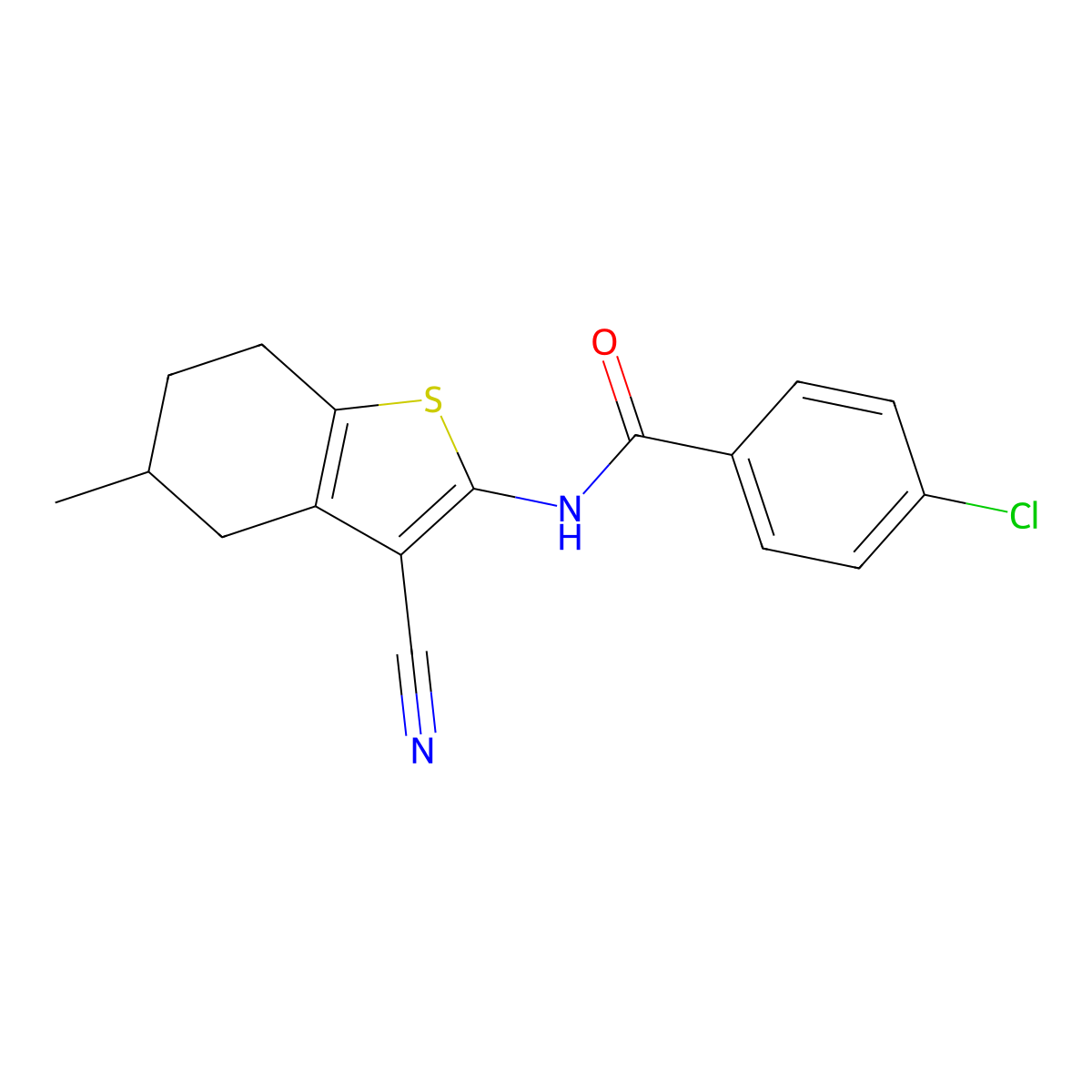 4-chloro-N-(3-cyano-5-methyl-4,5,6,7-tetrahydro-1-benzothiophen-2-yl)benzamide molecular structure, CAS 391221-58-2