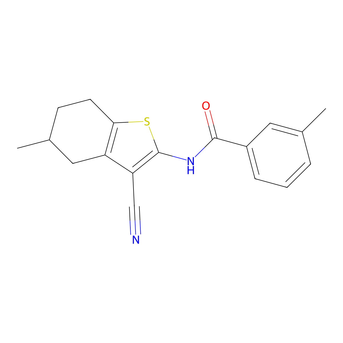 N-(3-cyano-5-methyl-4,5,6,7-tetrahydro-1-benzothiophen-2-yl)-3-methylbenzamide molecular structure, CAS 391221-61-7