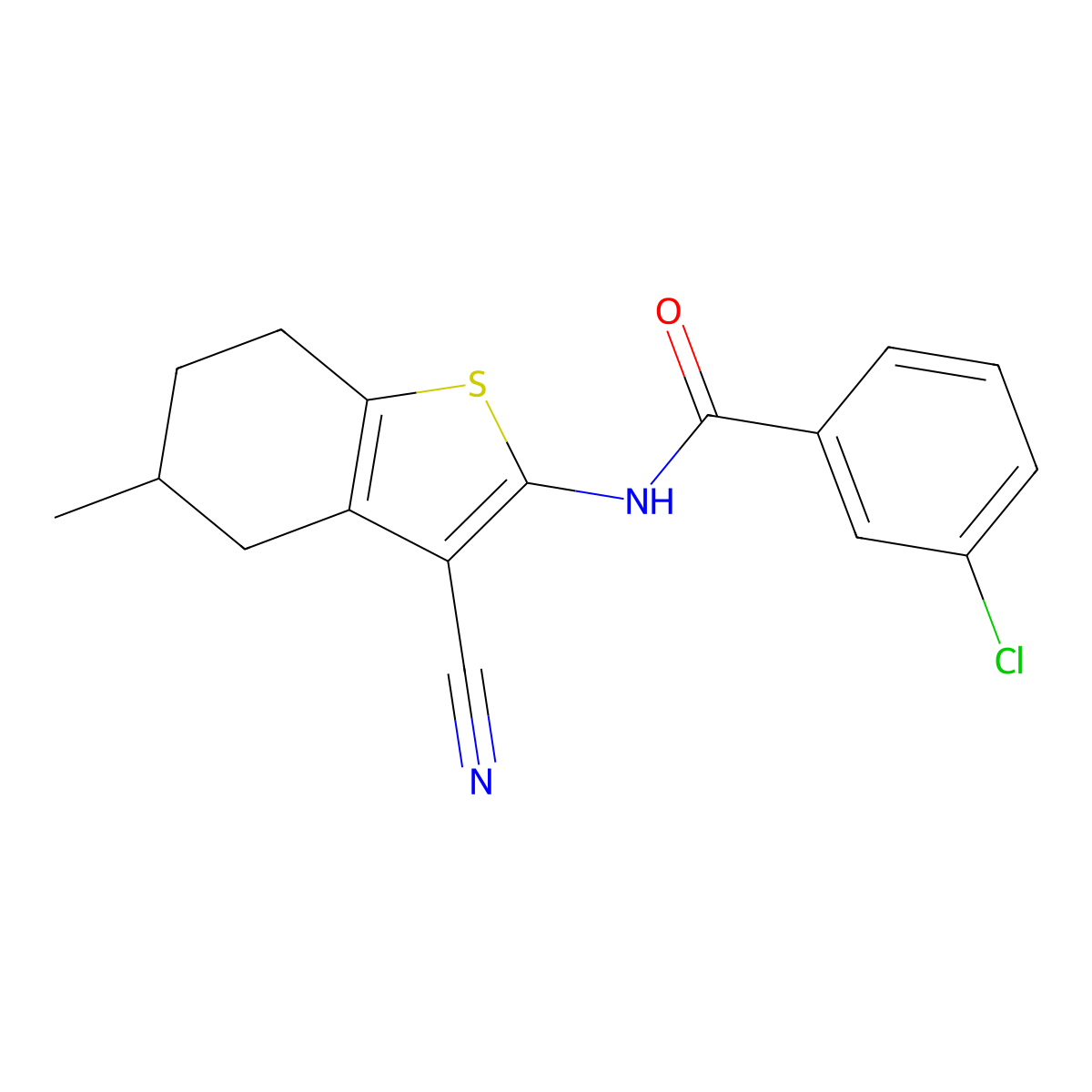3-chloro-N-(3-cyano-5-methyl-4,5,6,7-tetrahydro-1-benzothiophen-2-yl)benzamide molecular structure, CAS 391221-62-8