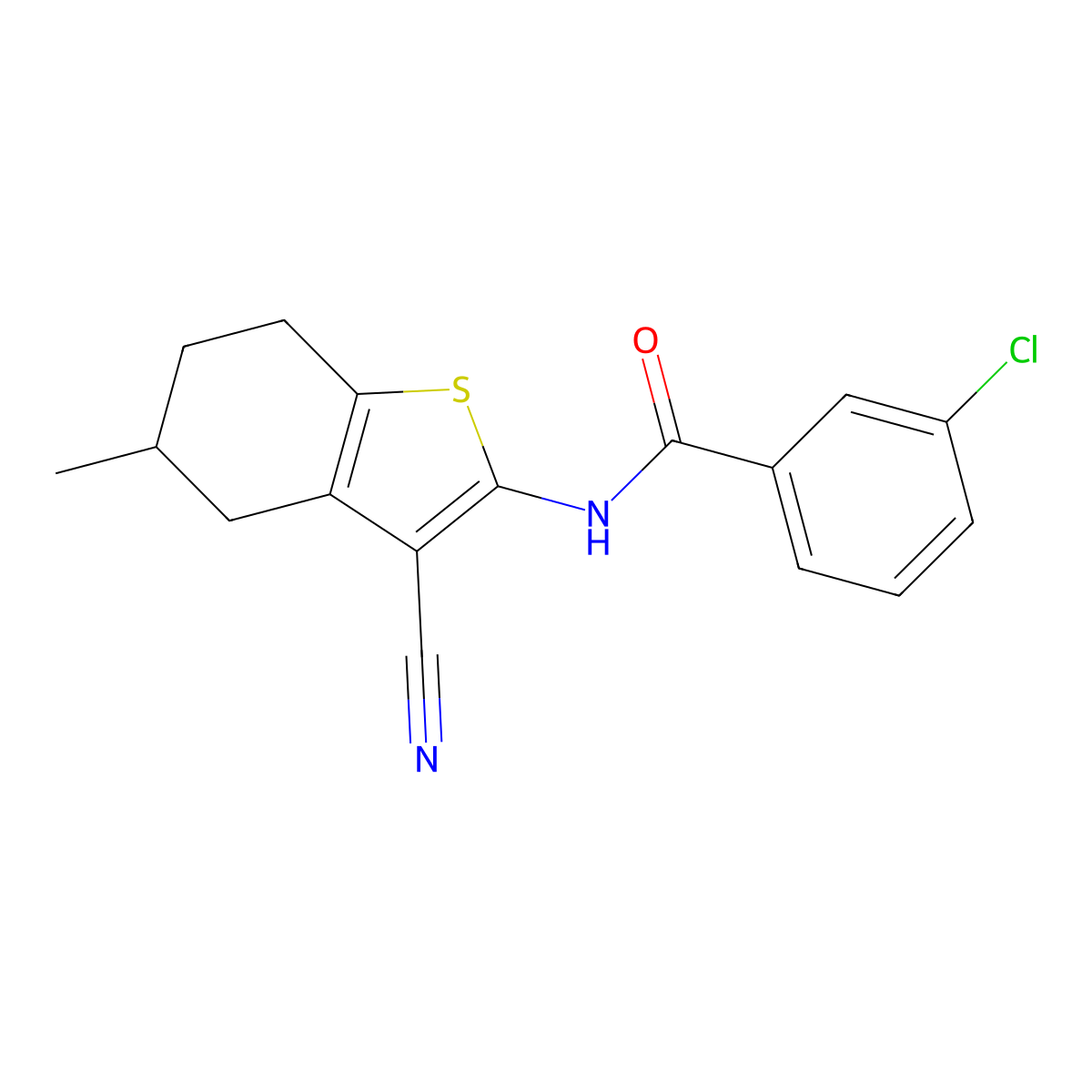 3-chloro-N-(3-cyano-5-methyl-4,5,6,7-tetrahydro-1-benzothiophen-2-yl)benzamide molecular structure, CAS 391221-62-8