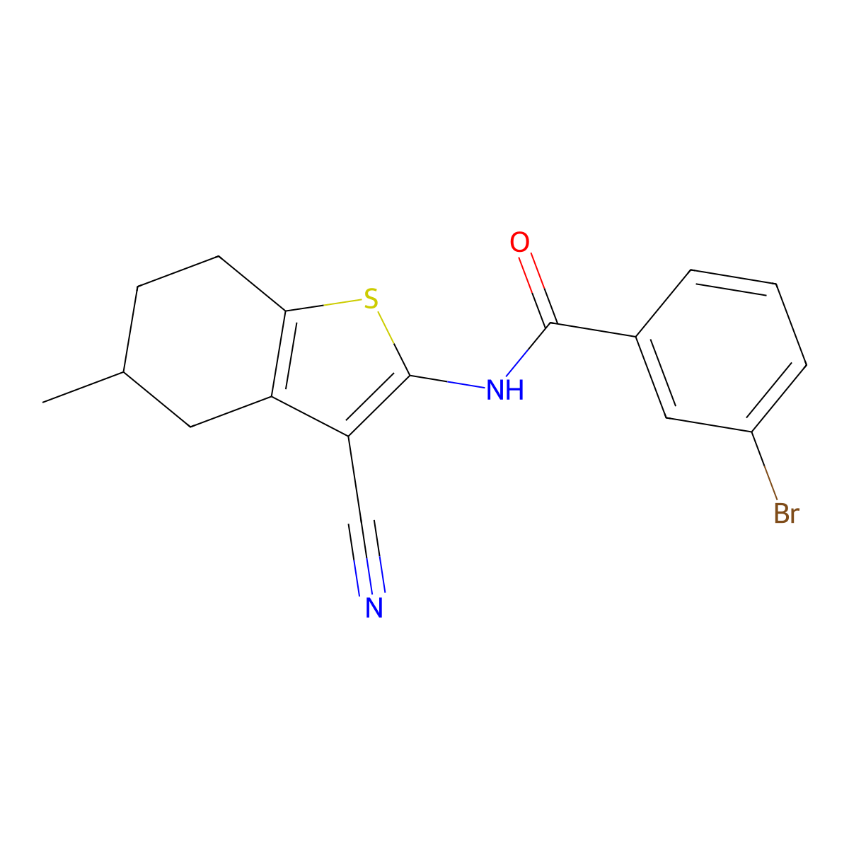 3-bromo-N-(3-cyano-5-methyl-4,5,6,7-tetrahydro-1-benzothiophen-2-yl)benzamide molecular structure, CAS 391221-63-9