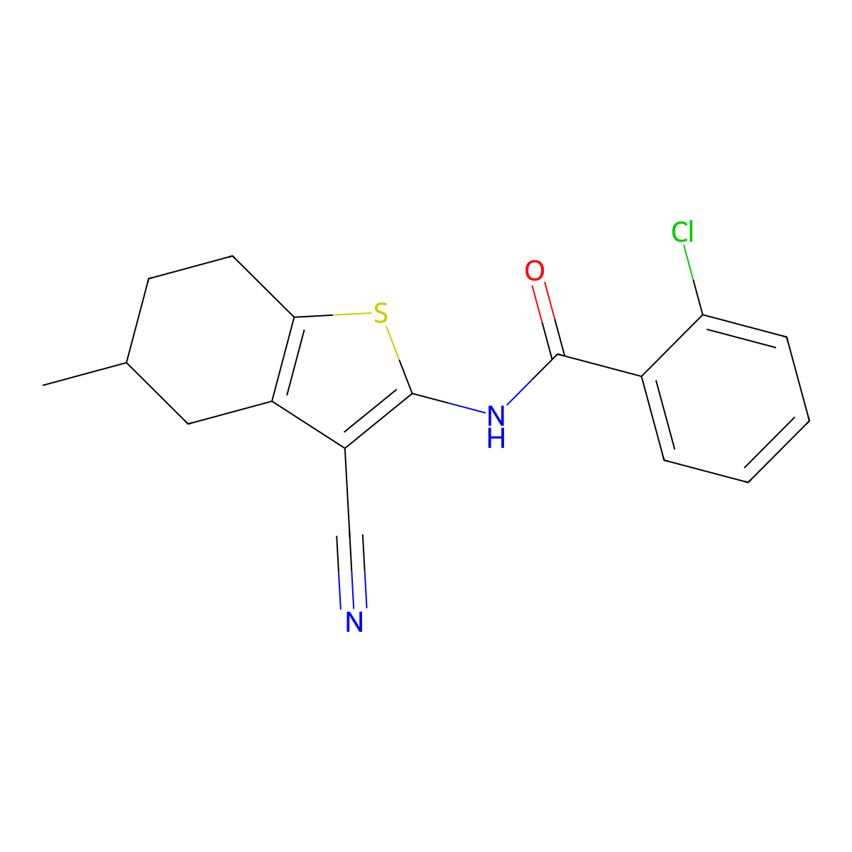 2-chloro-N-(3-cyano-5-methyl-4,5,6,7-tetrahydro-1-benzothiophen-2-yl)benzamide molecular structure, CAS 391221-65-1