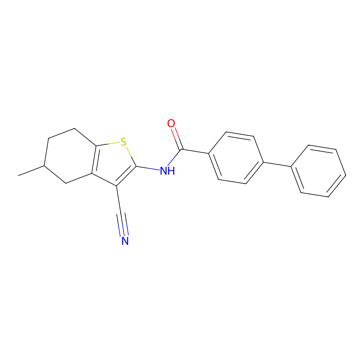 N-(3-cyano-5-methyl-4,5,6,7-tetrahydro-1-benzothiophen-2-yl)-4-phenylbenzamide molecular structure, CAS 391221-67-3
