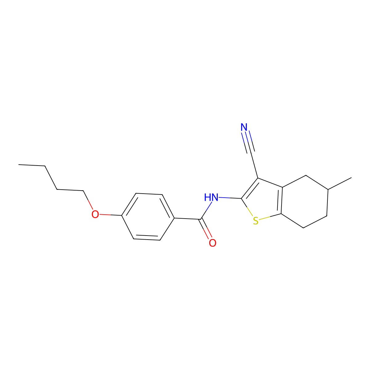4-butoxy-N-(3-cyano-5-methyl-4,5,6,7-tetrahydro-1-benzothiophen-2-yl)benzamide molecular structure, CAS 391221-71-9