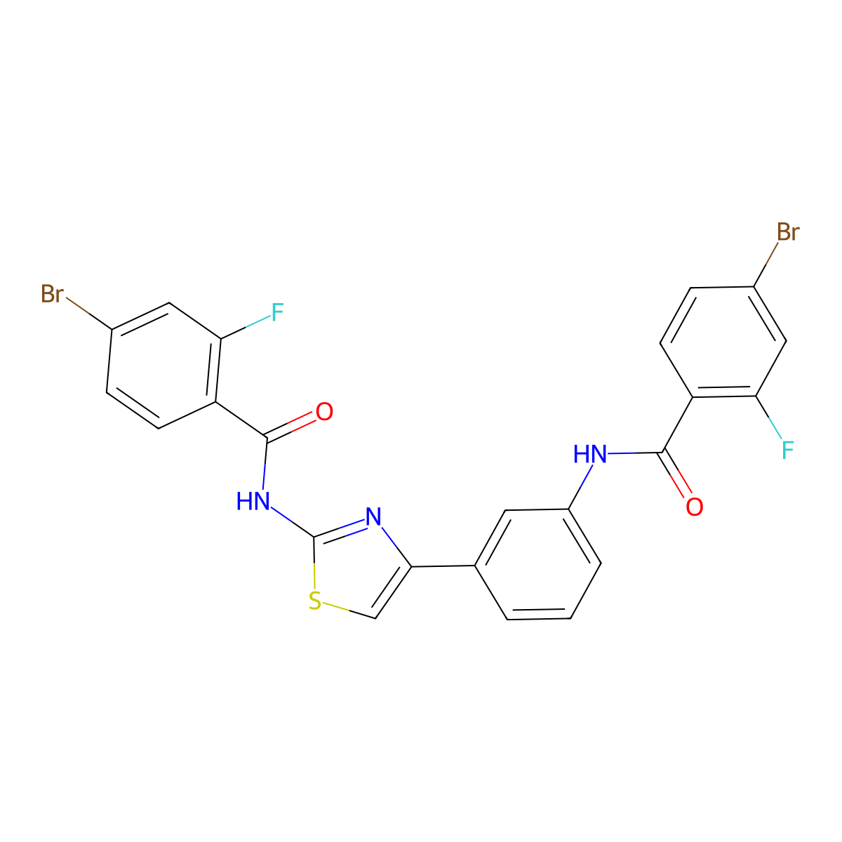 4-bromo-N-(4-(3-(4-bromo-2-fluorobenzamido)phenyl)thiazol-2-yl)-2-fluorobenzamide molecular structure, CAS 391223-37-3
