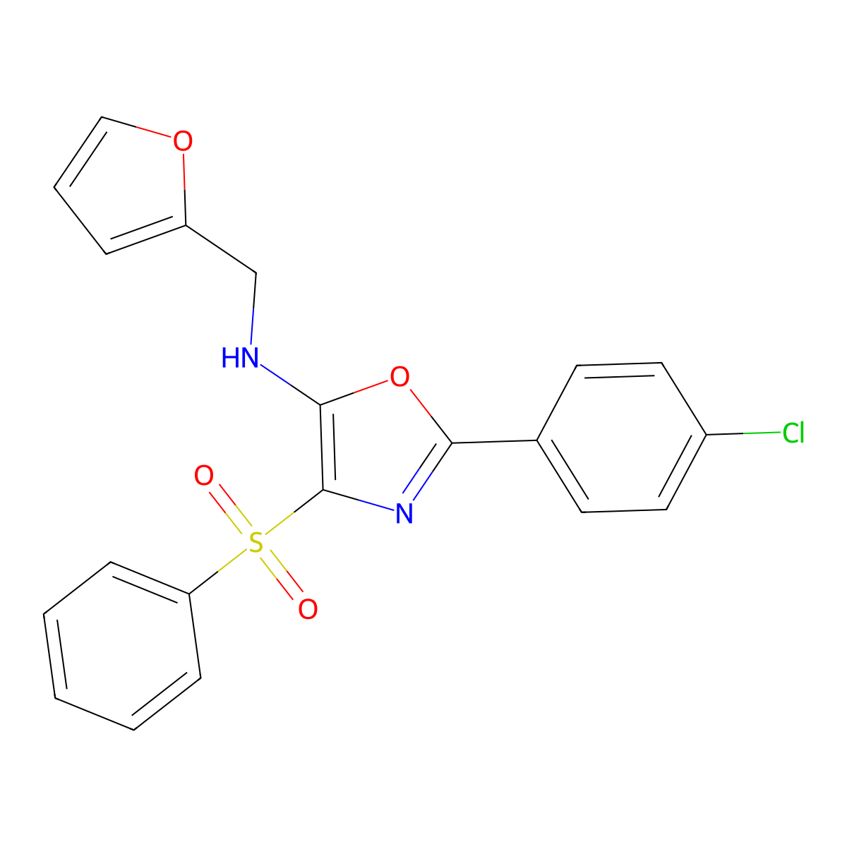 2-(4-chlorophenyl)-N-(furan-2-ylmethyl)-4-(phenylsulfonyl)oxazol-5-amine molecular structure, CAS 391225-19-7