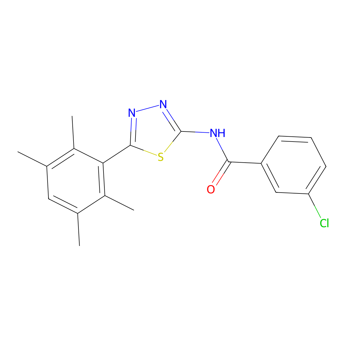 3-chloro-N-[5-(2,3,5,6-tetramethylphenyl)-1,3,4-thiadiazol-2-yl]benzamide molecular structure, CAS 391226-40-7