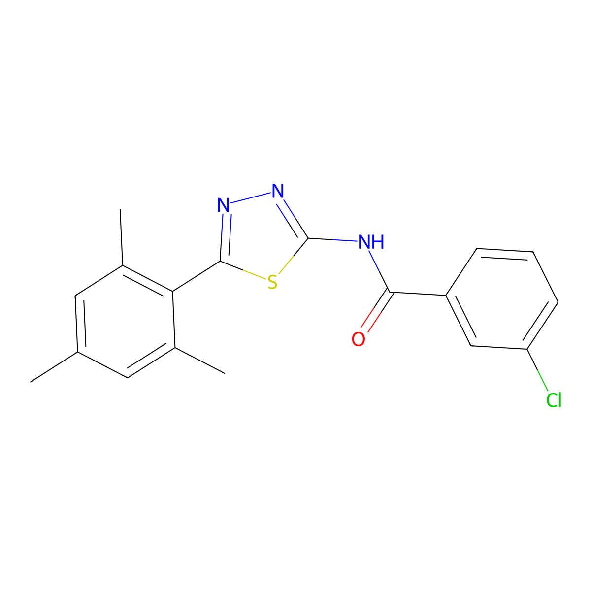 3-chloro-N-[5-(2,4,6-trimethylphenyl)-1,3,4-thiadiazol-2-yl]benzamide molecular structure, CAS 391226-41-8