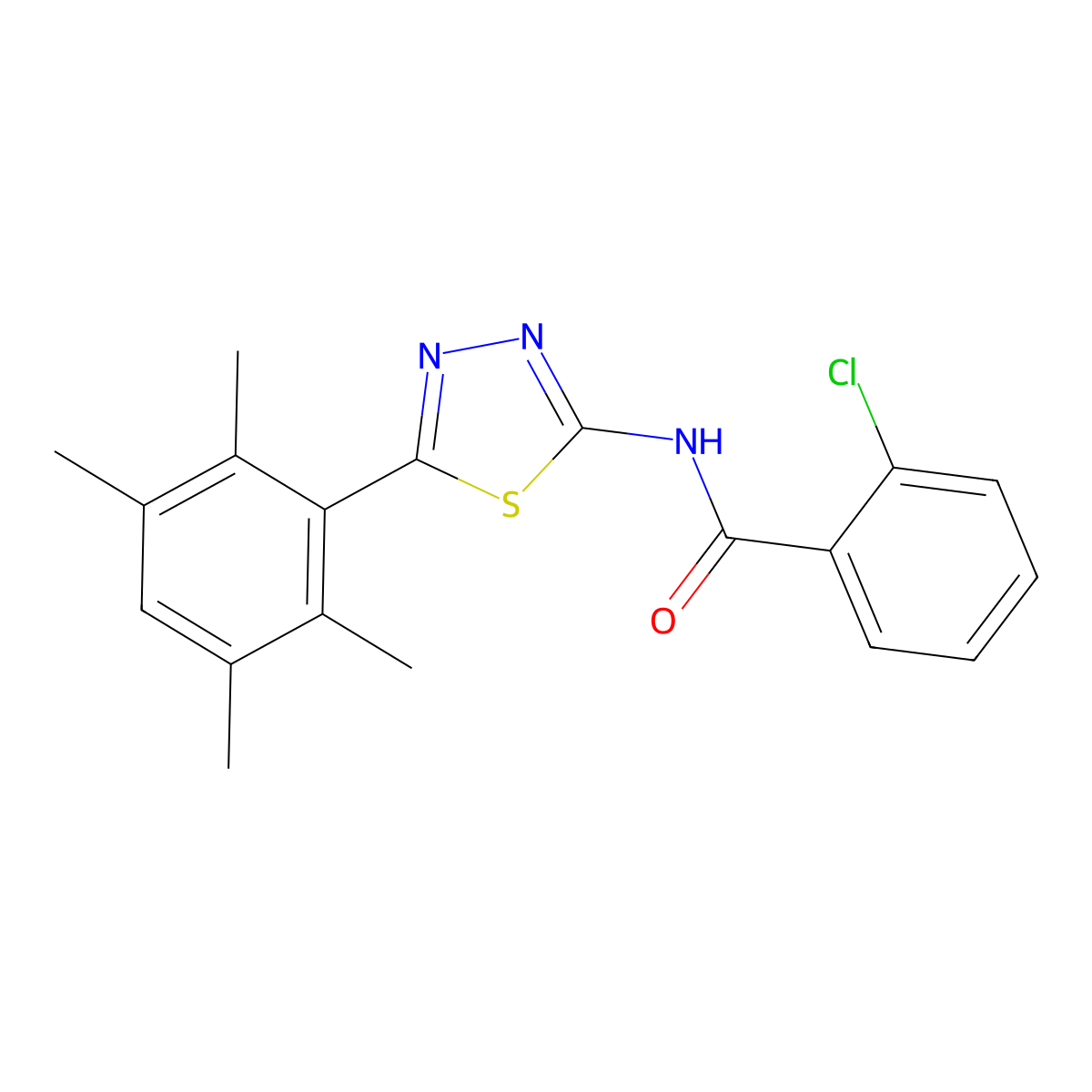 2-chloro-N-[5-(2,3,5,6-tetramethylphenyl)-1,3,4-thiadiazol-2-yl]benzamide molecular structure, CAS 391226-45-2