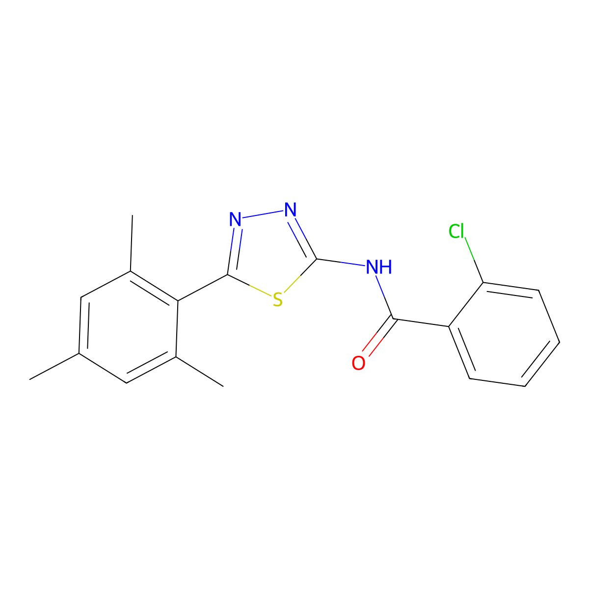 2-chloro-N-[5-(2,4,6-trimethylphenyl)-1,3,4-thiadiazol-2-yl]benzamide molecular structure, CAS 391226-46-3