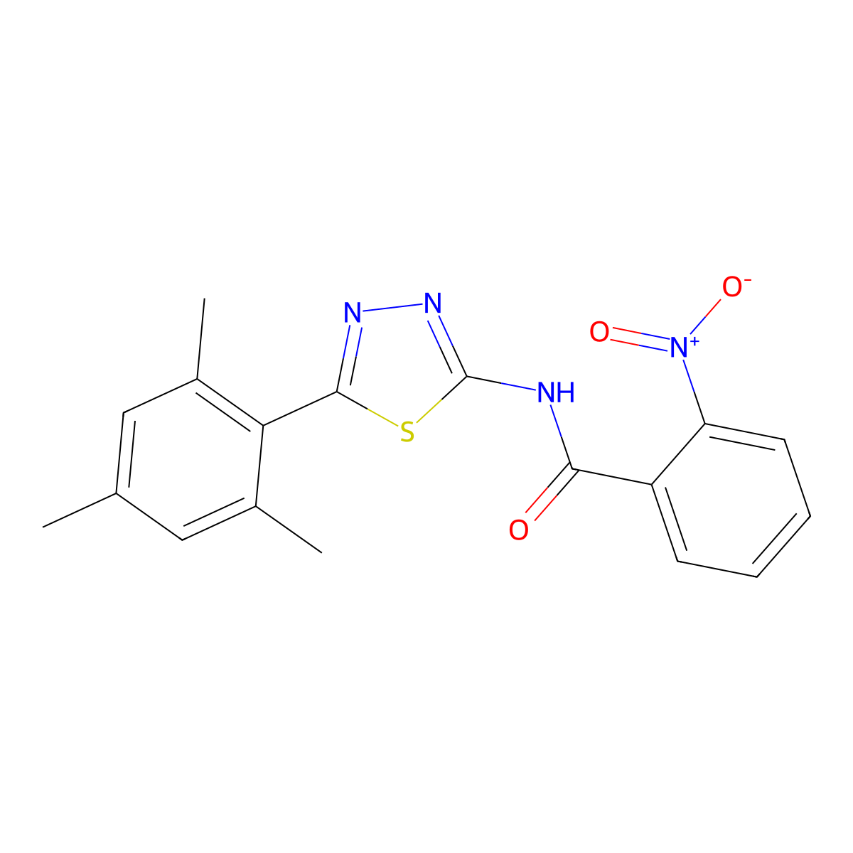 2-nitro-N-[5-(2,4,6-trimethylphenyl)-1,3,4-thiadiazol-2-yl]benzamide molecular structure, CAS 391226-97-4