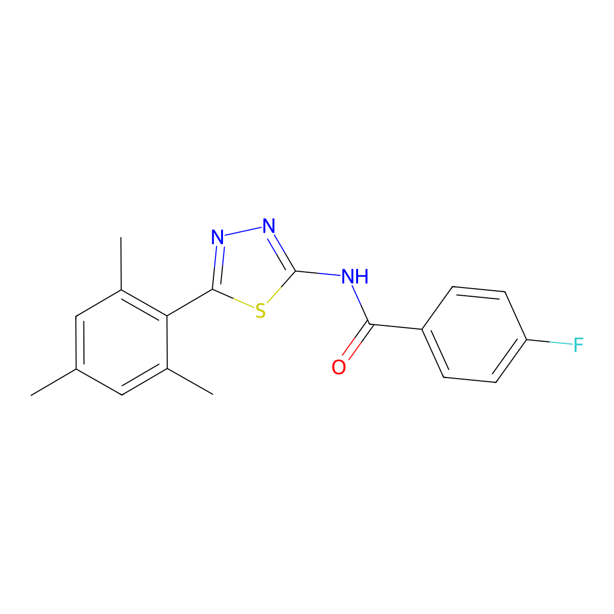 4-fluoro-N-[5-(2,4,6-trimethylphenyl)-1,3,4-thiadiazol-2-yl]benzamide molecular structure, CAS 391227-08-0