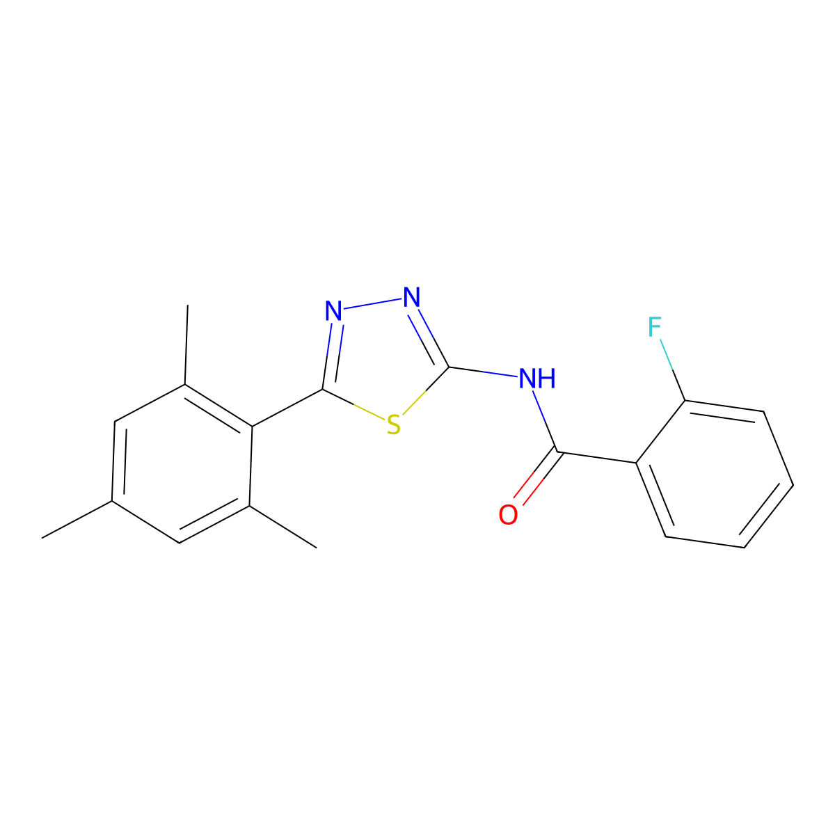 2-fluoro-N-[5-(2,4,6-trimethylphenyl)-1,3,4-thiadiazol-2-yl]benzamide molecular structure, CAS 391227-13-7