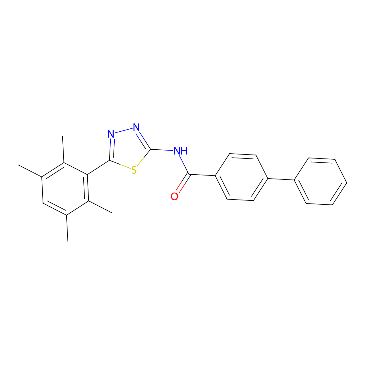 N-(5-(2,3,5,6-tetramethylphenyl)-1,3,4-thiadiazol-2-yl)-[1,1'-biphenyl]-4-carboxamide molecular structure, CAS 391227-22-8