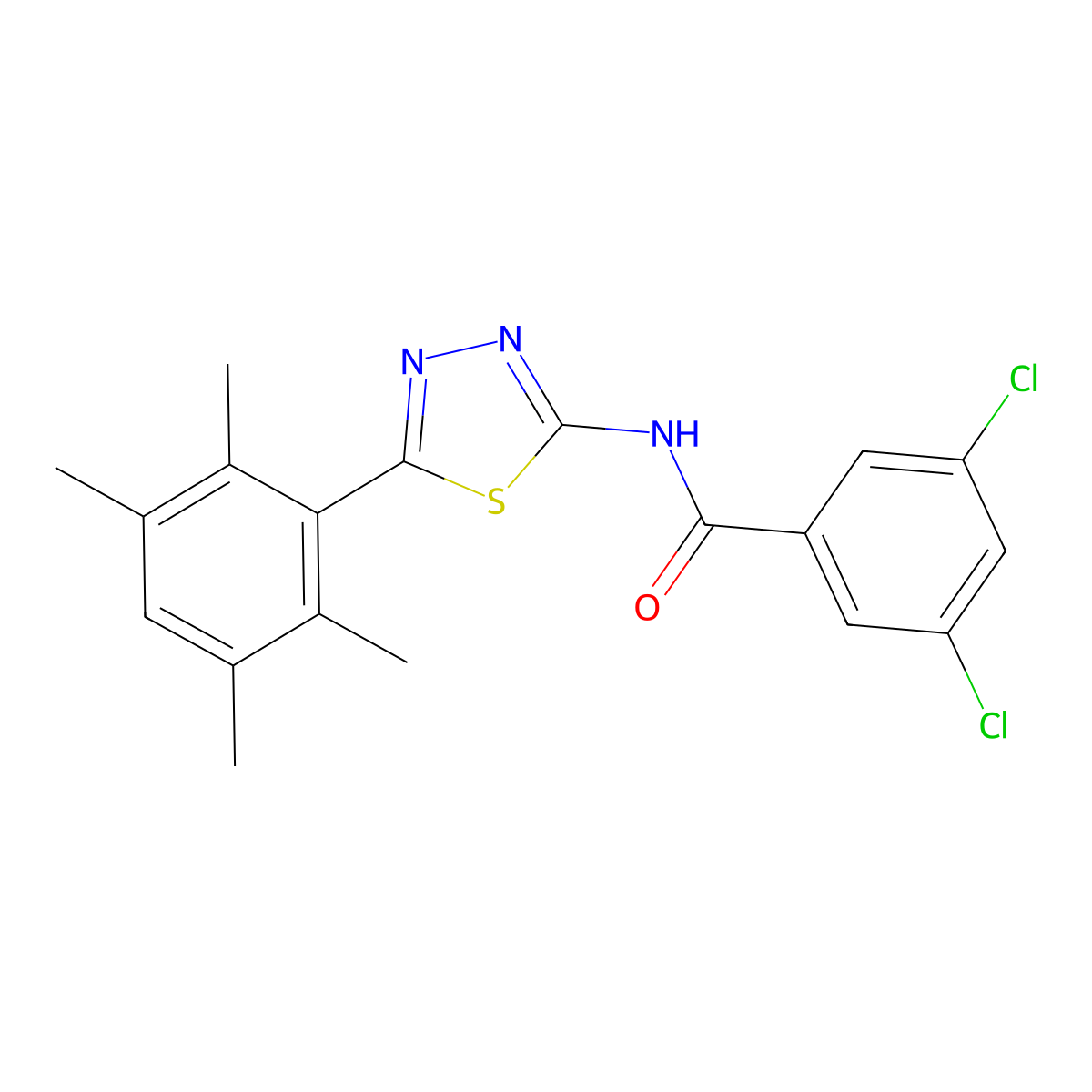 3,5-dichloro-N-[5-(2,3,5,6-tetramethylphenyl)-1,3,4-thiadiazol-2-yl]benzamide molecular structure, CAS 391227-35-3