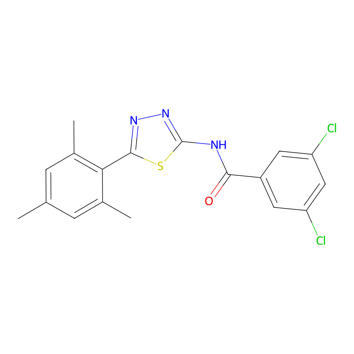 3,5-dichloro-N-[5-(2,4,6-trimethylphenyl)-1,3,4-thiadiazol-2-yl]benzamide molecular structure, CAS 391227-36-4