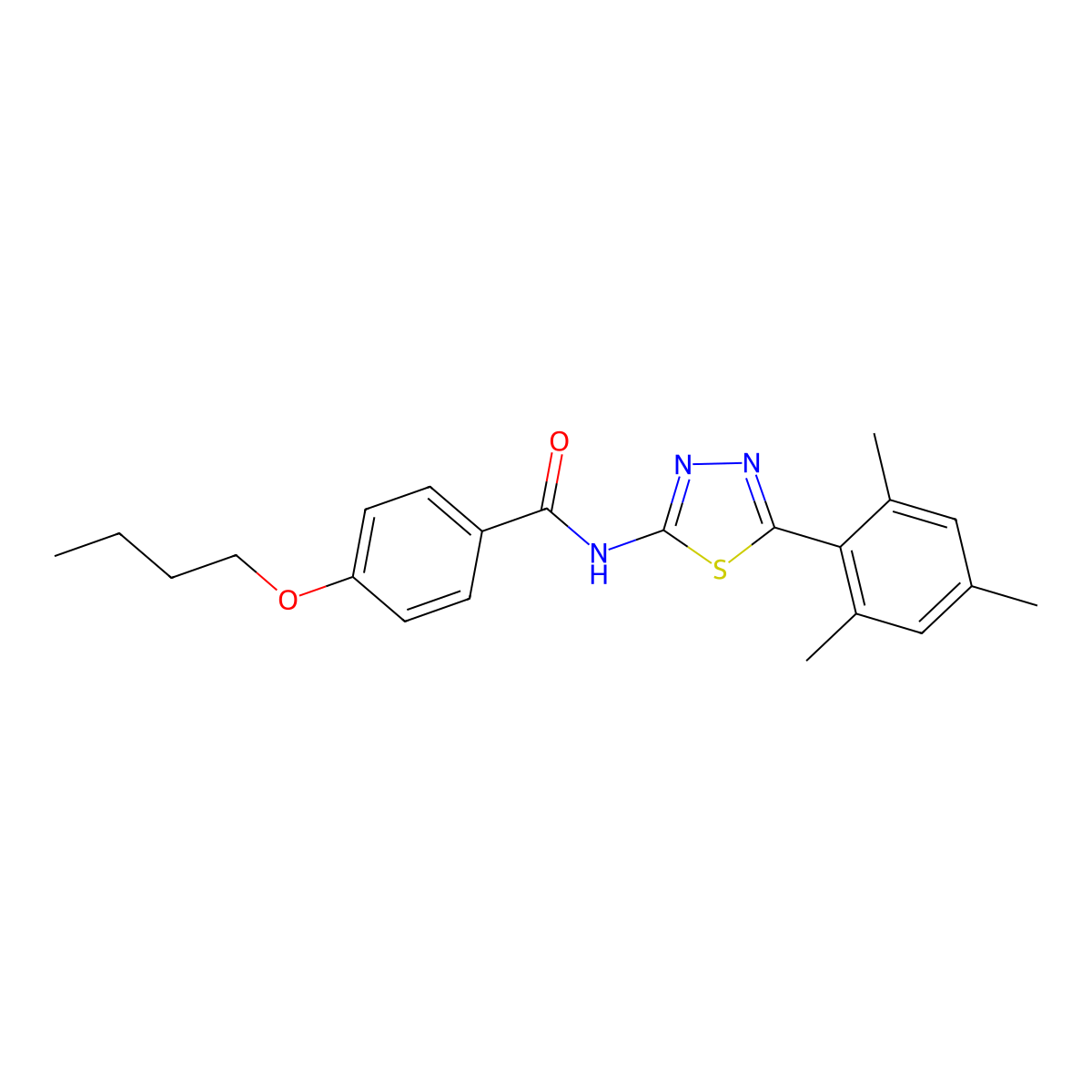 4-butoxy-N-[5-(2,4,6-trimethylphenyl)-1,3,4-thiadiazol-2-yl]benzamide molecular structure, CAS 391228-11-8