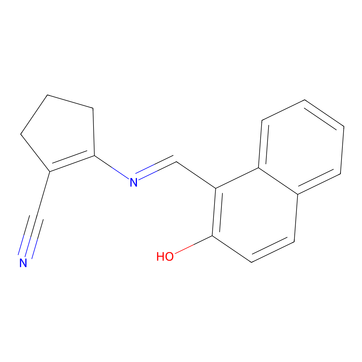 (E)-2-(((2-hydroxynaphthalen-1-yl)methylene)amino)cyclopent-1-enecarbonitrile molecular structure, CAS 391228-19-6