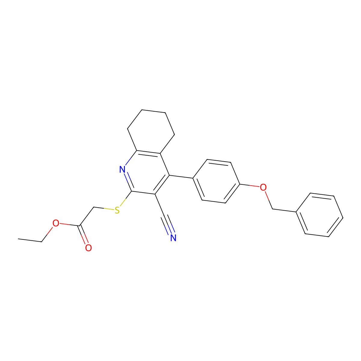 Ethyl 2-((4-(4-(benzyloxy)phenyl)-3-cyano-5,6,7,8-tetrahydroquinolin-2-yl)thio)acetate molecular structure, CAS 391228-38-9