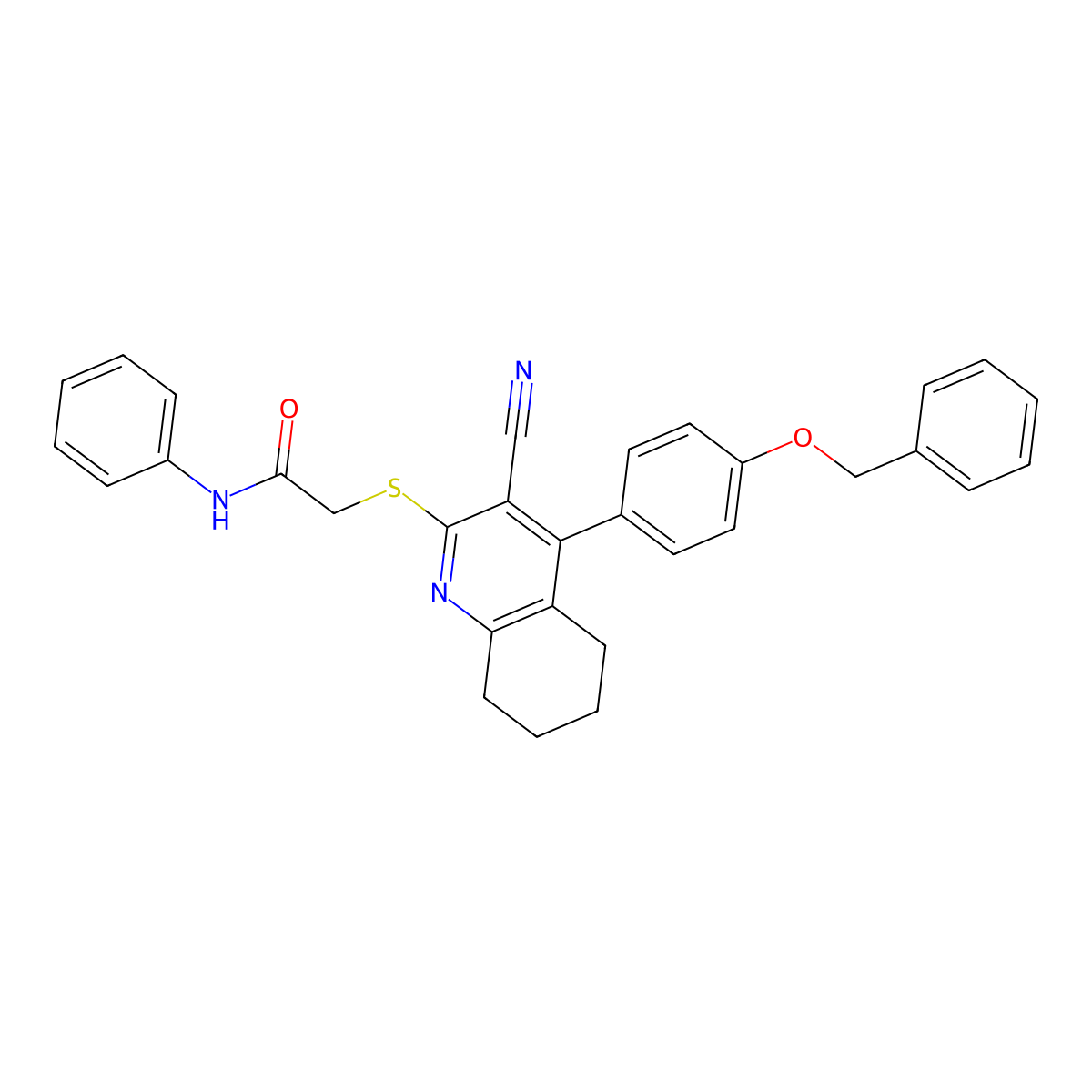 2-((4-(4-(benzyloxy)phenyl)-3-cyano-5,6,7,8-tetrahydroquinolin-2-yl)thio)-N-phenylacetamide molecular structure, CAS 391228-42-5