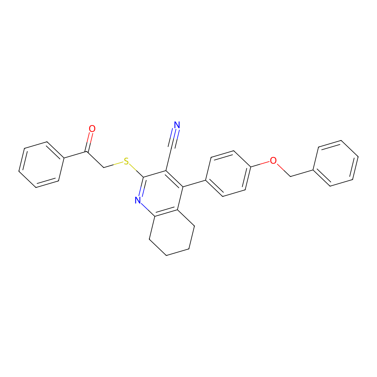2-Phenacylsulfanyl-4-(4-phenylmethoxyphenyl)-5,6,7,8-tetrahydroquinoline-3-carbonitrile molecular structure, CAS 391228-43-6