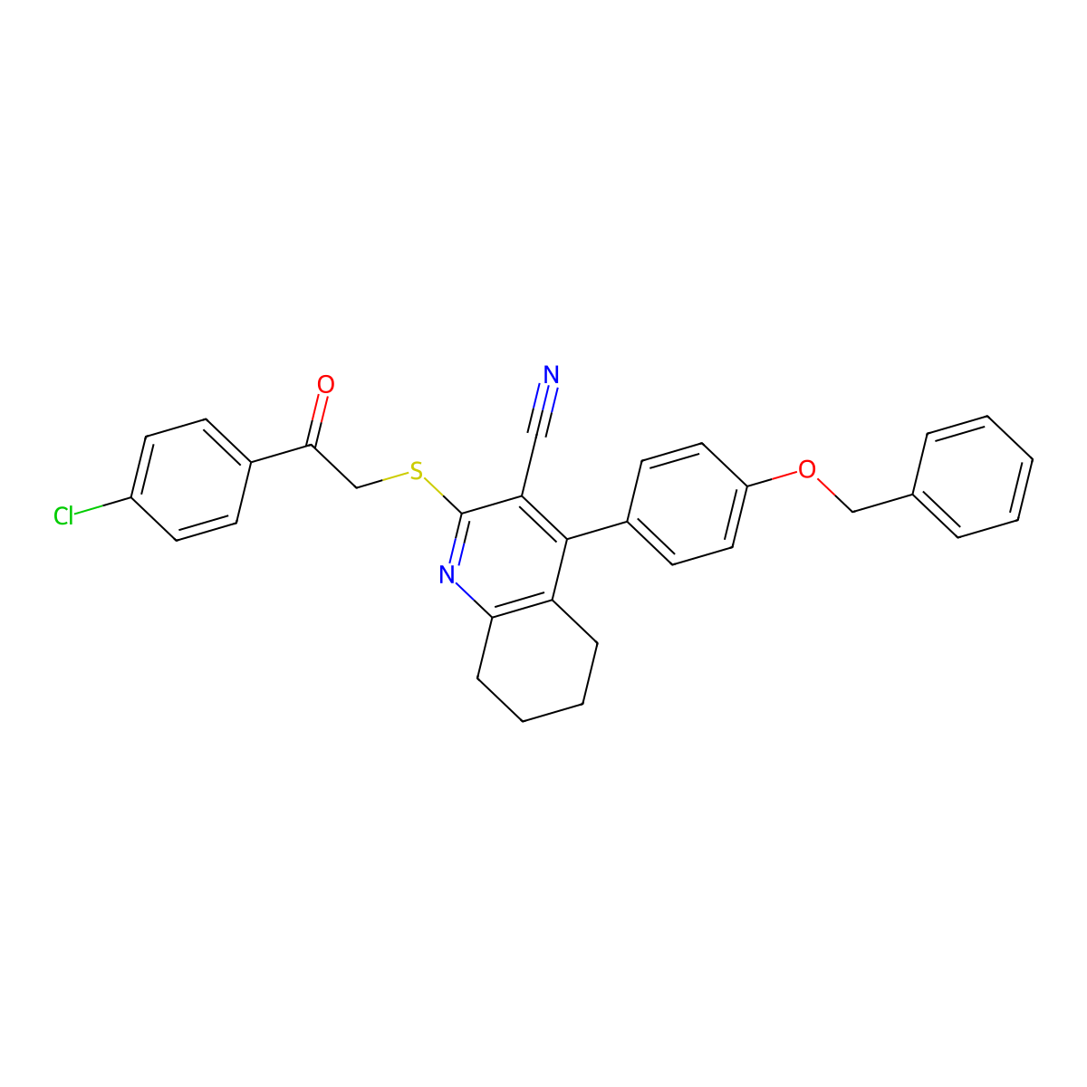 2-[2-(4-Chlorophenyl)-2-oxoethyl]sulfanyl-4-(4-phenylmethoxyphenyl)-5,6,7,8-tetrahydroquinoline-3-carbonitrile molecular structure, CAS 391228-45-8