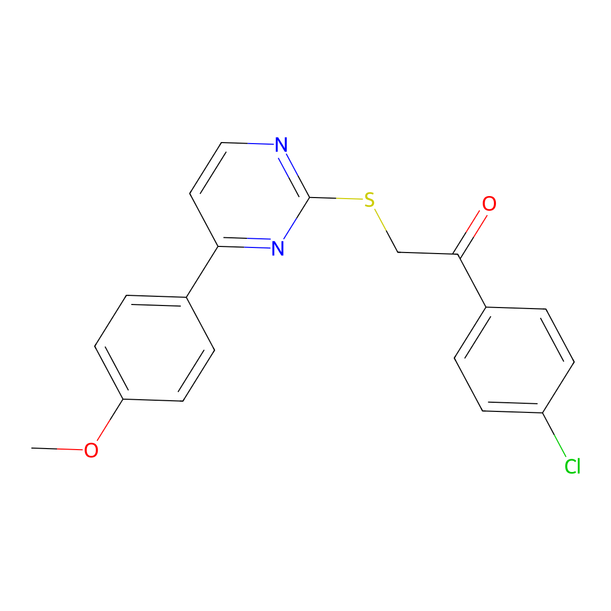 1-(4-Chlorophenyl)-2-((4-(4-methoxyphenyl)pyrimidin-2-yl)thio)ethanone molecular structure, CAS 391229-28-0