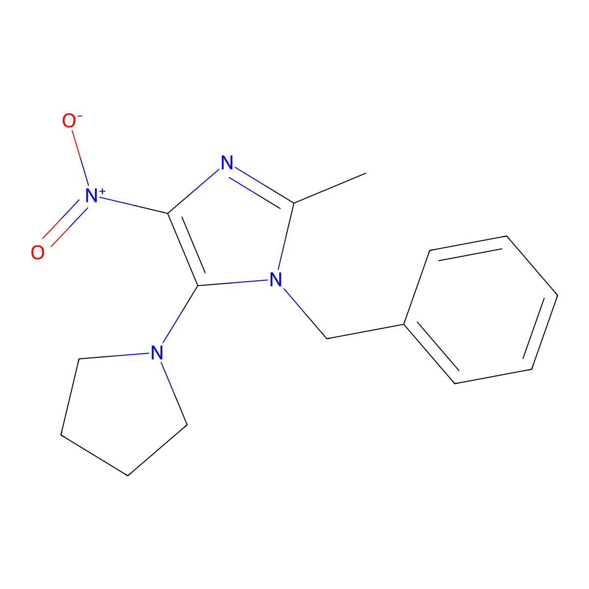 1-benzyl-2-methyl-4-nitro-5-(pyrrolidin-1-yl)-1H-imidazole molecular structure, CAS 391229-97-3
