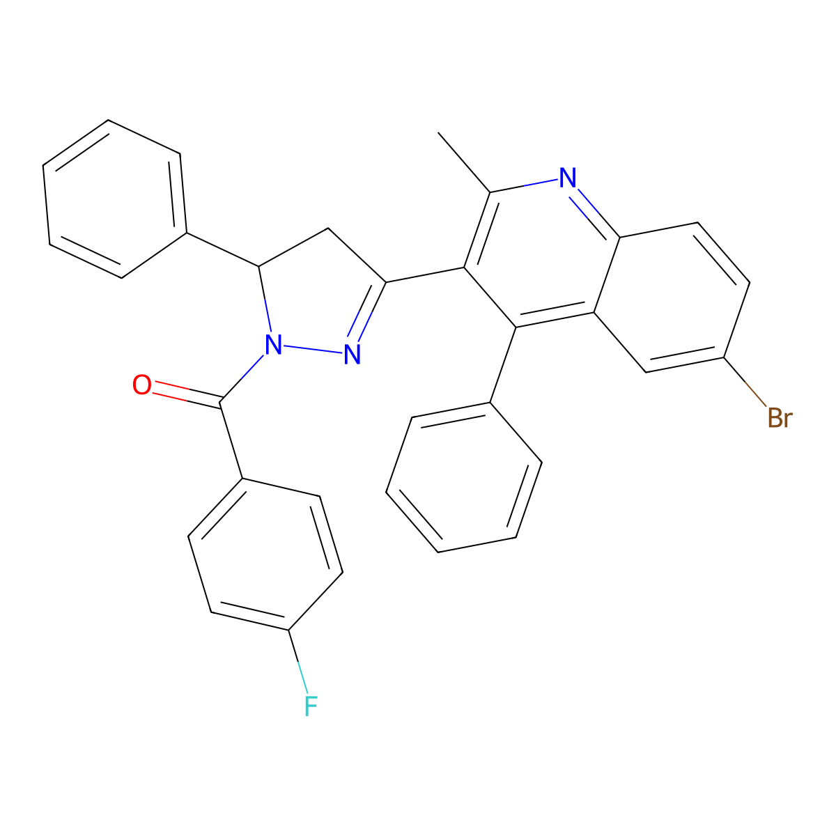 (3-(6-bromo-2-methyl-4-phenylquinolin-3-yl)-5-phenyl-4,5-dihydro-1H-pyrazol-1-yl)(4-fluorophenyl)methanone molecular structure, CAS 391230-37-8