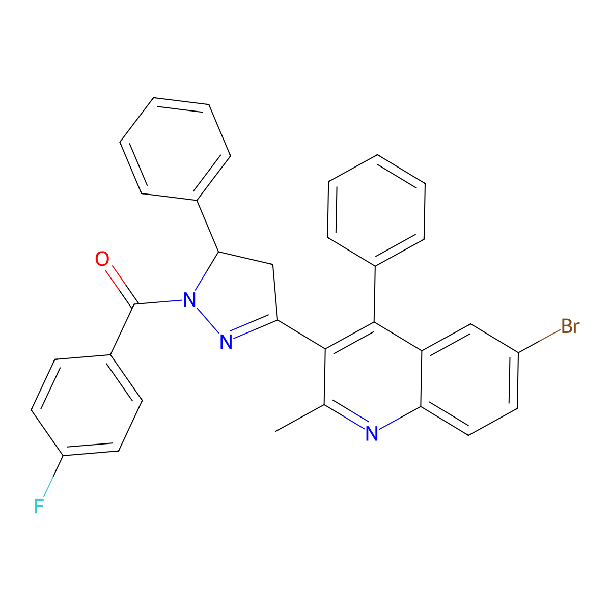 (3-(6-bromo-2-methyl-4-phenylquinolin-3-yl)-5-phenyl-4,5-dihydro-1H-pyrazol-1-yl)(4-fluorophenyl)methanone molecular structure, CAS 391230-37-8