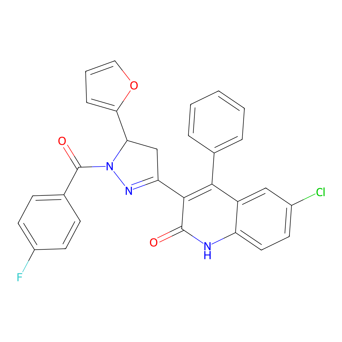 6-chloro-3-(1-(4-fluorobenzoyl)-5-(furan-2-yl)-4,5-dihydro-1H-pyrazol-3-yl)-4-phenylquinolin-2(1H)-one molecular structure, CAS 391230-40-3