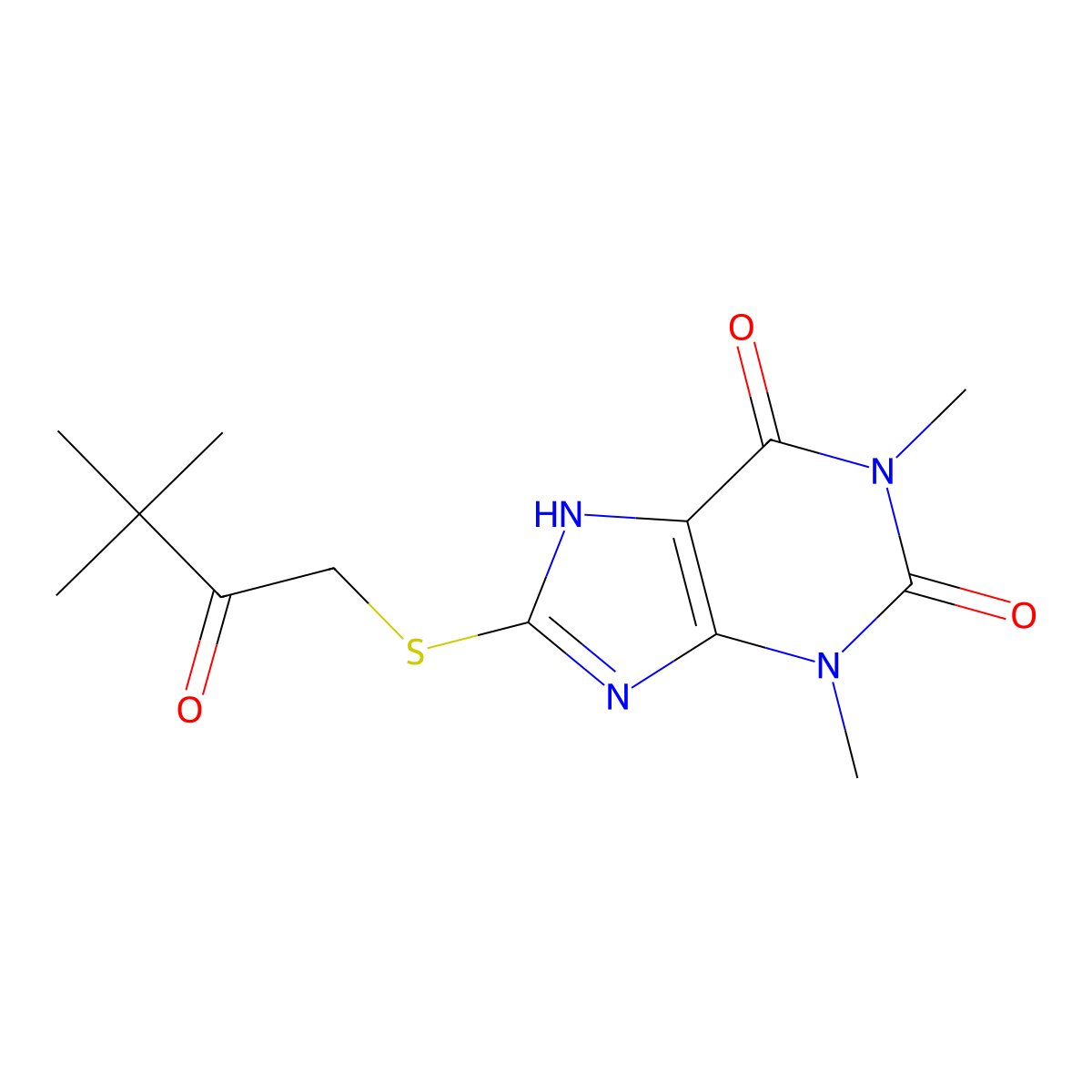 8-((3,3-dimethyl-2-oxobutyl)thio)-1,3-dimethyl-1H-purine-2,6(3H,7H)-dione molecular structure, CAS 39140-86-8