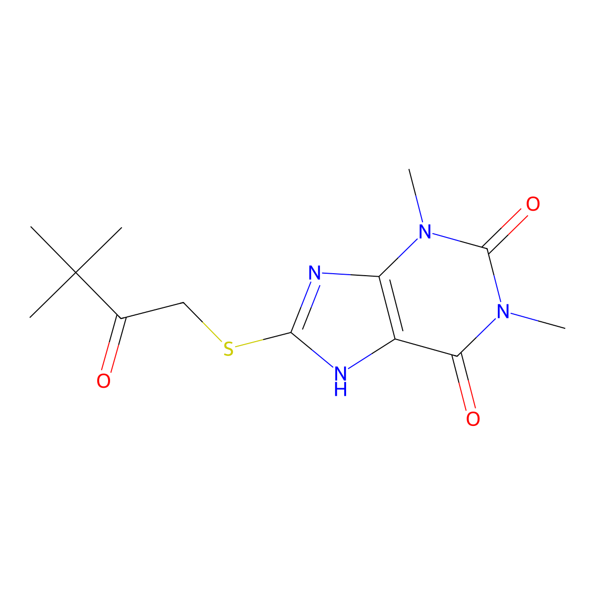 8-((3,3-dimethyl-2-oxobutyl)thio)-1,3-dimethyl-1H-purine-2,6(3H,7H)-dione molecular structure, CAS 39140-86-8