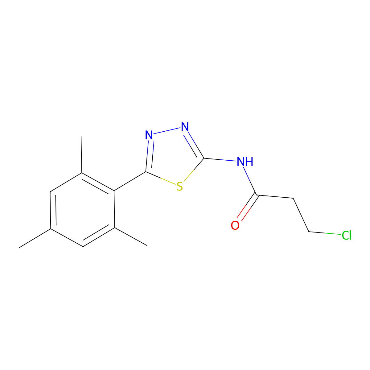 3-chloro-N-[5-(2,4,6-trimethylphenyl)-1,3,4-thiadiazol-2-yl]propanamide molecular structure, CAS 391866-21-0