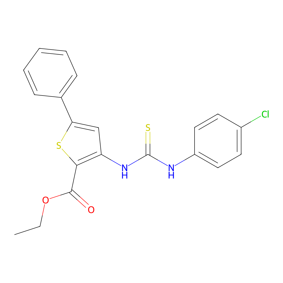 Ethyl 3-(3-(4-chlorophenyl)thioureido)-5-phenylthiophene-2-carboxylate molecular structure, CAS 391866-80-1