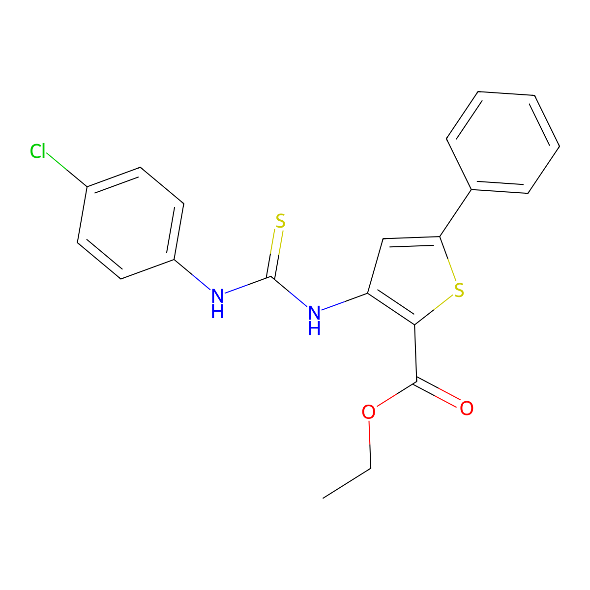 Ethyl 3-(3-(4-chlorophenyl)thioureido)-5-phenylthiophene-2-carboxylate molecular structure, CAS 391866-80-1