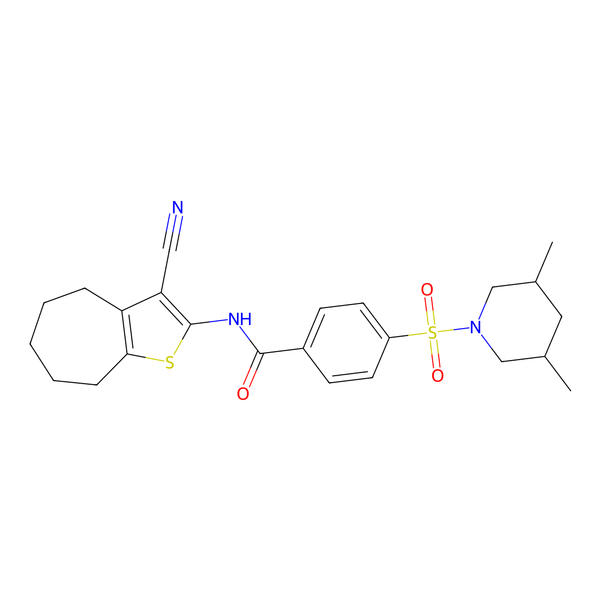 N-(3-cyano-5,6,7,8-tetrahydro-4H-cyclohepta[b]thiophen-2-yl)-4-((3,5-dimethylpiperidin-1-yl)sulfonyl)benzamide molecular structure, CAS 391867-47-3
