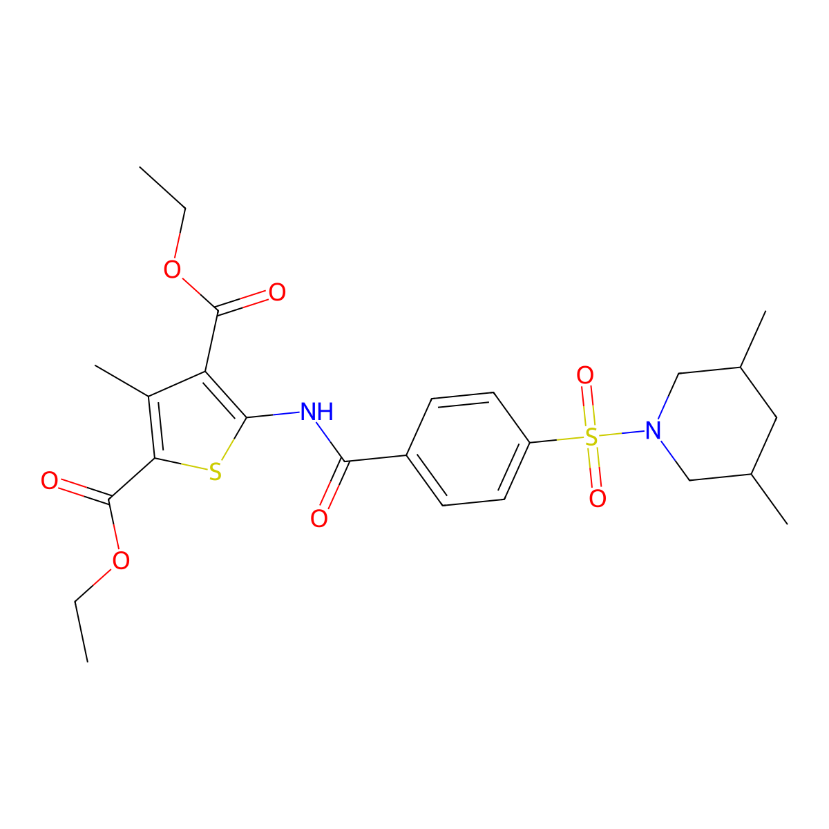 Diethyl 5-(4-((3,5-dimethylpiperidin-1-yl)sulfonyl)benzamido)-3-methylthiophene-2,4-dicarboxylate molecular structure, CAS 391867-49-5