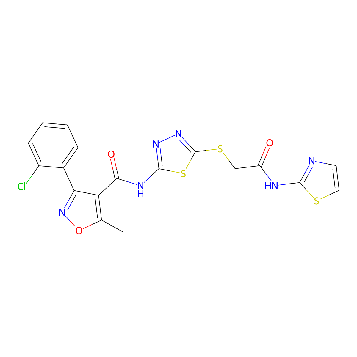 3-(2-chlorophenyl)-5-methyl-N-(5-((2-oxo-2-(thiazol-2-ylamino)ethyl)thio)-1,3,4-thiadiazol-2-yl)isoxazole-4-carboxamide molecular structure, CAS 391868-57-8
