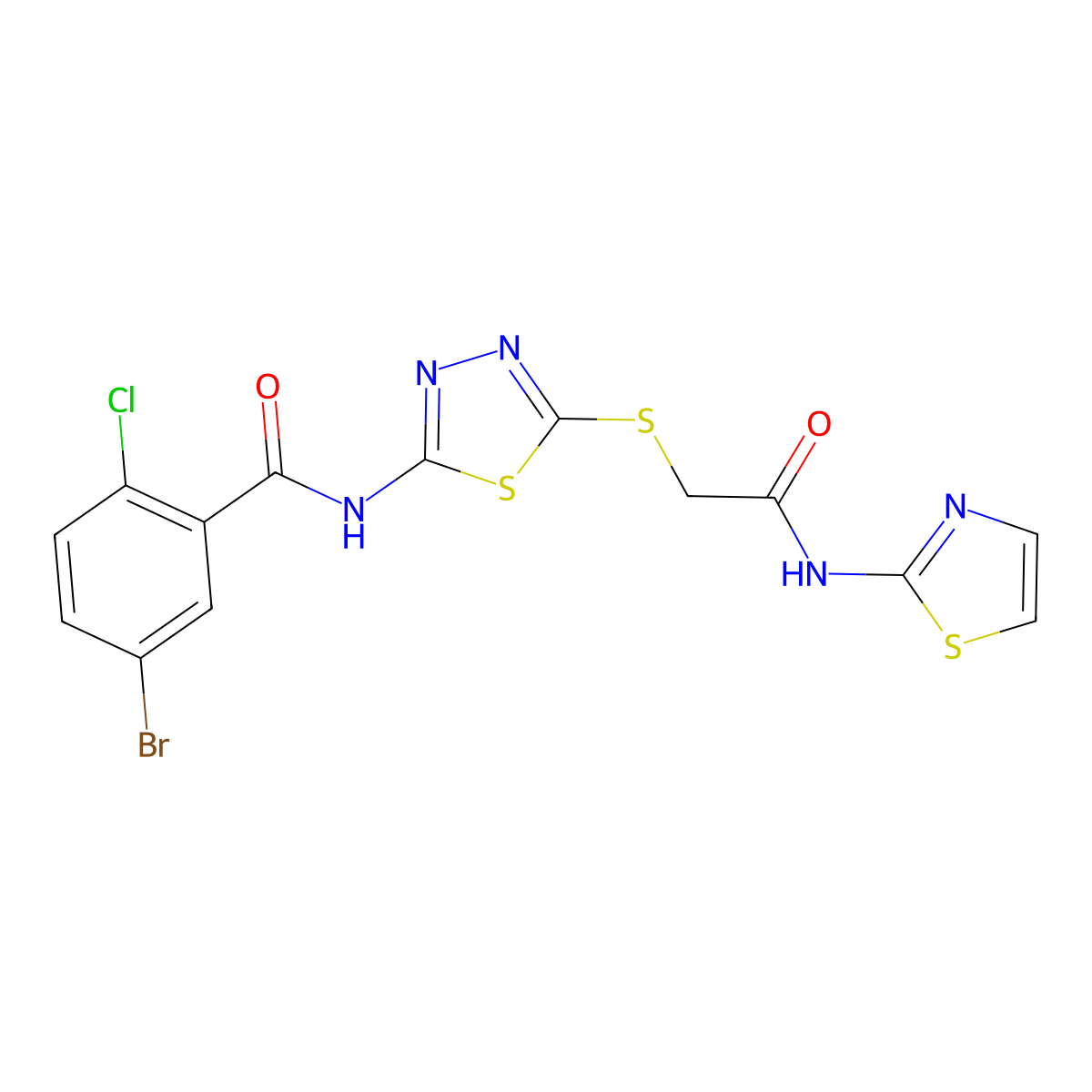 5-bromo-2-chloro-N-(5-((2-oxo-2-(thiazol-2-ylamino)ethyl)thio)-1,3,4-thiadiazol-2-yl)benzamide molecular structure, CAS 391868-60-3