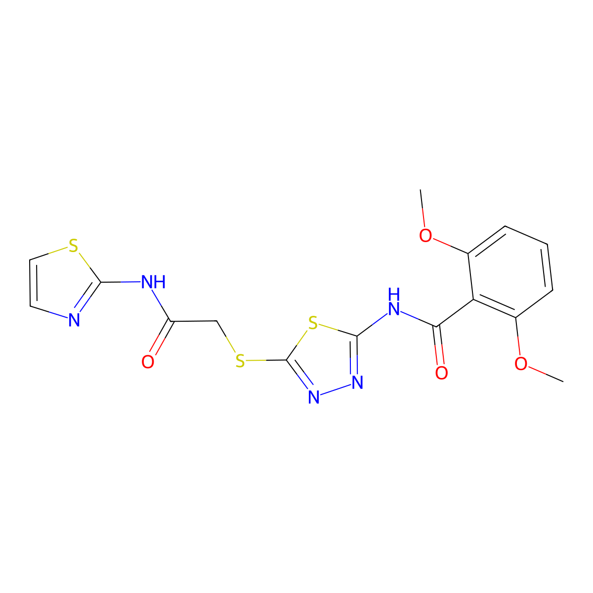 2,6-dimethoxy-N-(5-((2-oxo-2-(thiazol-2-ylamino)ethyl)thio)-1,3,4-thiadiazol-2-yl)benzamide molecular structure, CAS 391868-61-4