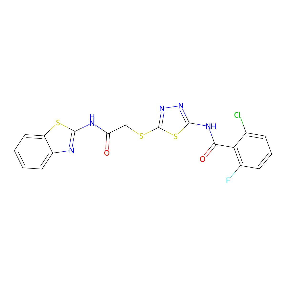 N-(5-((2-(benzo[d]thiazol-2-ylamino)-2-oxoethyl)thio)-1,3,4-thiadiazol-2-yl)-2-chloro-6-fluorobenzamide molecular structure, CAS 391868-62-5
