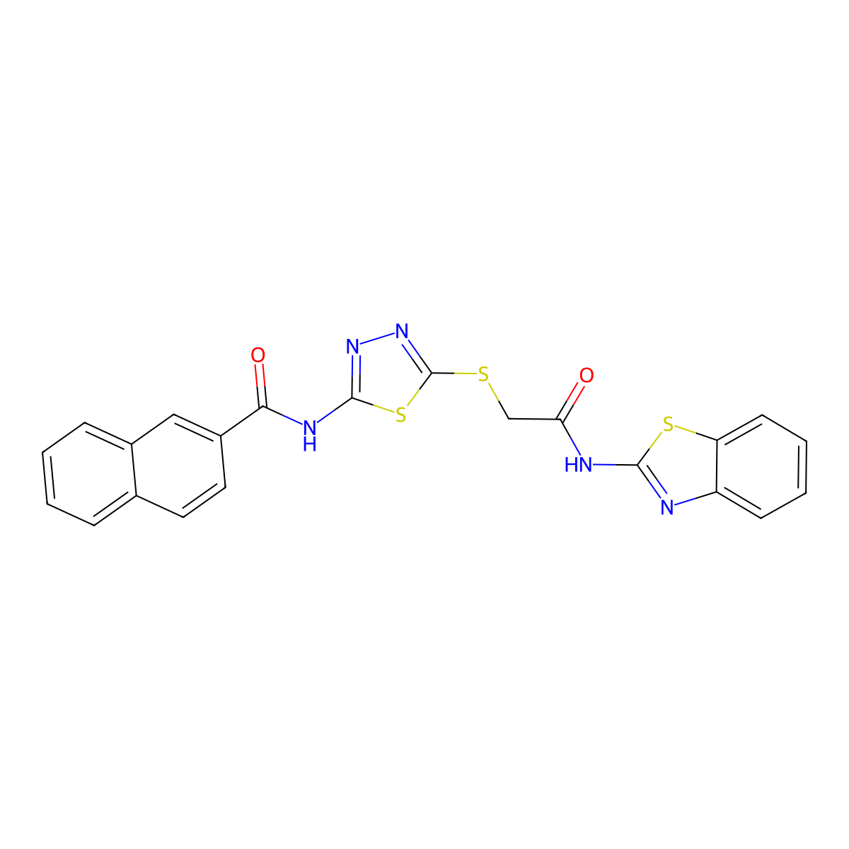 N-(5-((2-(benzo[d]thiazol-2-ylamino)-2-oxoethyl)thio)-1,3,4-thiadiazol-2-yl)-2-naphthamide molecular structure, CAS 391868-63-6